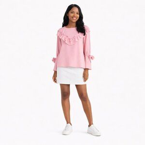 ZARA Basic Pink Medium Ruffle Top With Tie Sleeves Keyhole Back Polyester